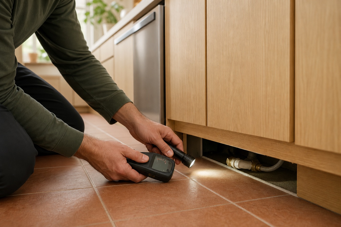 Technician checking moisture below kitchen cabinets after a water loss