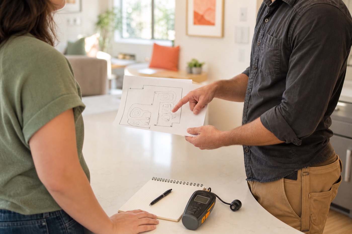 Homeowner reviewing a water-damage drying and repair plan with a restoration professional
